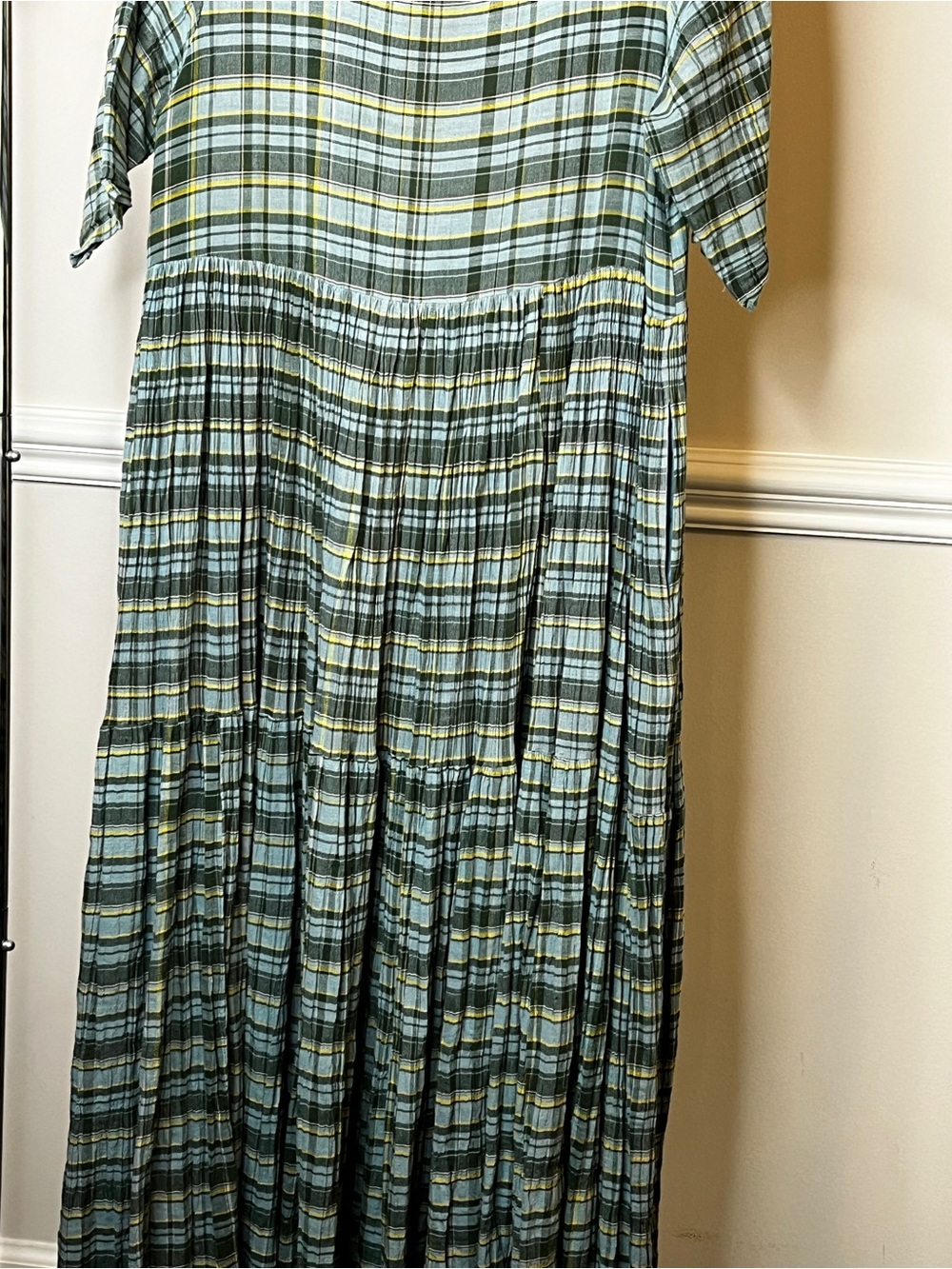 Hand Loomed Cotton Midi Plaid Tiered Dress in Green and Yellow